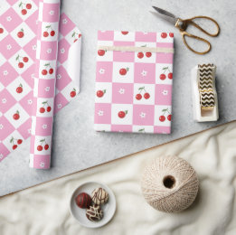 Cadeau Papier d'enveloppement de cerises en damier rose e
