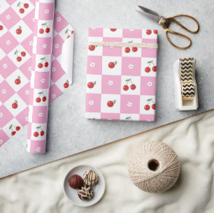 Cadeau Papier d'enveloppement de cerises en damier rose e