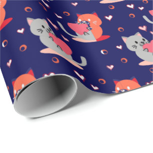 Cadeau Papier d'enveloppement de chats - Coeurs bleus de 