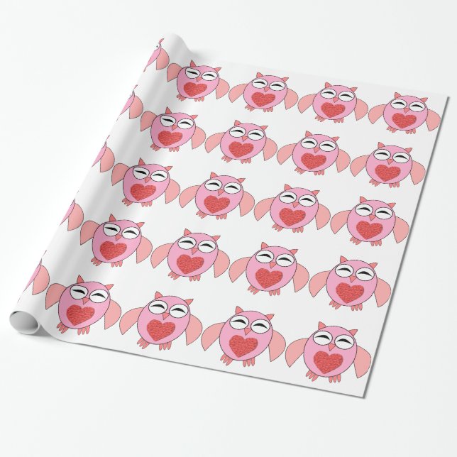Cadeau Papier d'enveloppement de Chouette Coeur Rose Love (Déroulé)