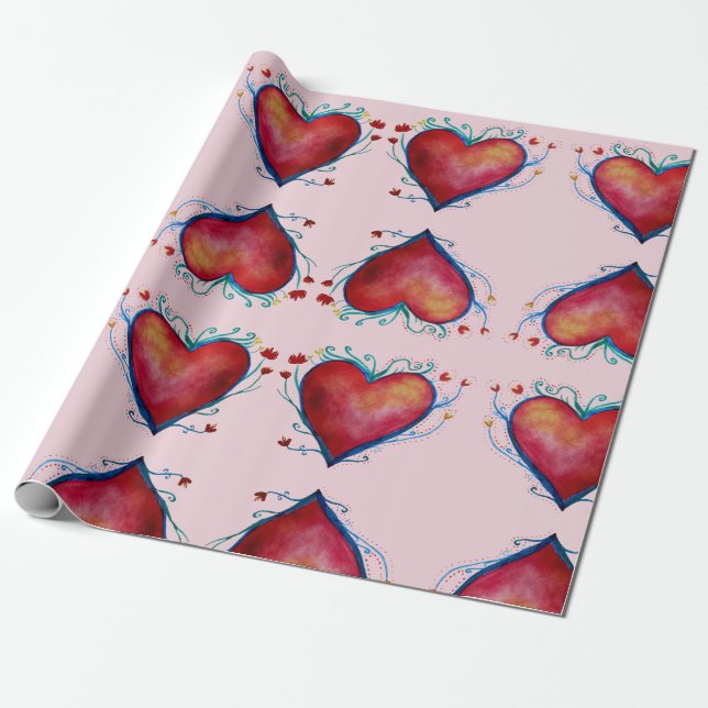 Cadeau Papier d'enveloppement de coeur d'aquarelle (Déroulé)
