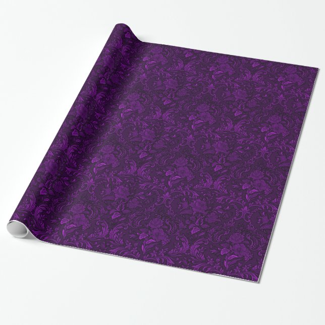Cadeau Papier d'enveloppement de goth damassé violet Rose (Déroulé)