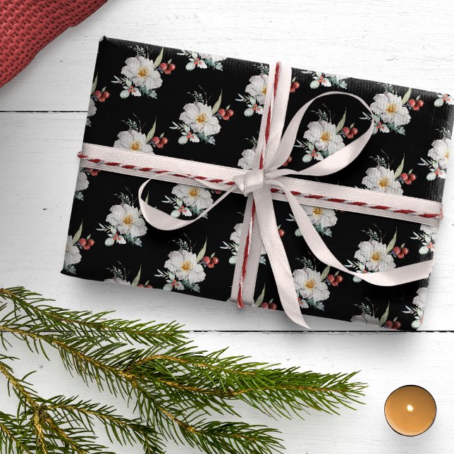 Cadeau Papier d'enveloppement de Noël (Black White Red Boho Floral Christmas Holiday Wrapping Paper)