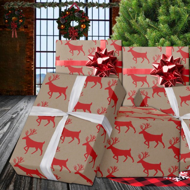 Cadeau Papier d'enveloppement de rennes rouges Kraft rust (Rustic Kraft Red Stag Reindeer Christmas Holiday Gift Wrapping Paper Rolls)