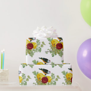 Cadeau Papier d'enveloppement de roses et d'oiseaux jaune