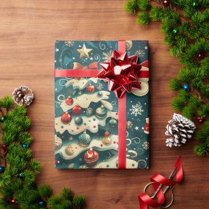 Cadeau Papier d'enveloppement de sapin de Noël bleu Vinta