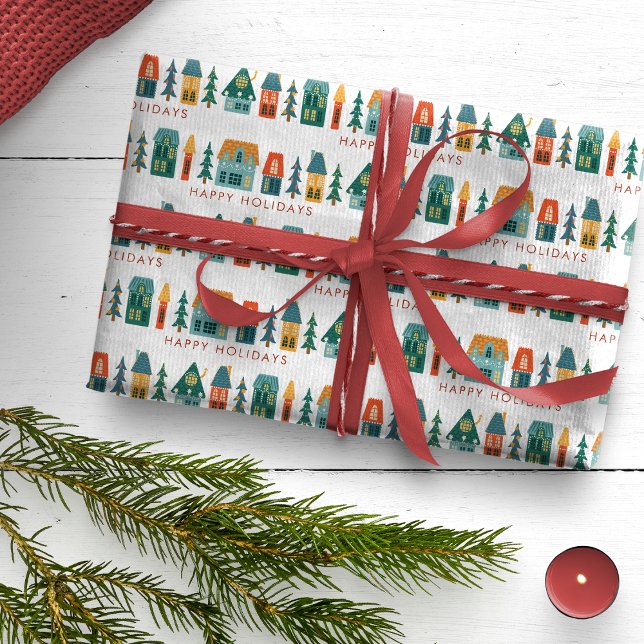 Cadeau Papier d'enveloppement de vacances Retro (Happy Holidays Retro Houses Wrapping Paper)