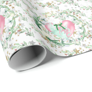 Cadeau Papier d'enveloppement Feuille et Coeurs roses