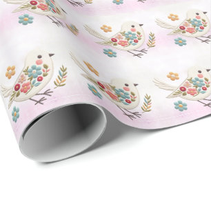 Cadeau Papier d'enveloppement floral petit oiseau blanc