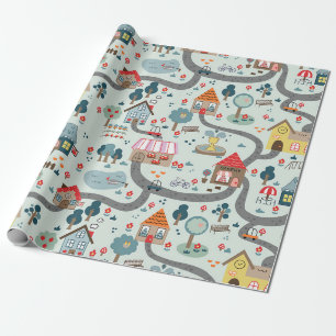 Cadeau Papier d'enveloppement illustré de carte de villag