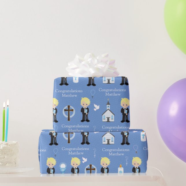 Cadeau Papier d'enveloppement pour garçon de communion bl (Cadeaux de fête)