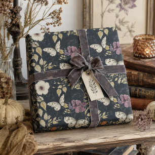 Cadeau Papier floral sombre et papillon de nuit gothique