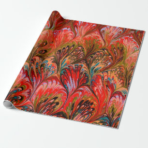 CADEAU PAPIER MARBÉ, MOTIF ABSTRAIT ROUGE BLEU PEACOCK