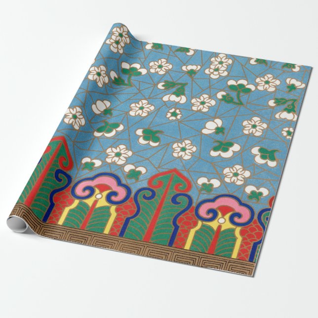 CADEAU PAPIER MOTIF CHINOIS BLEU ET ROUGE (Déroulé)