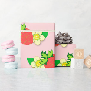 Cadeau Papier papier d'emballage rose fraise et fleur
