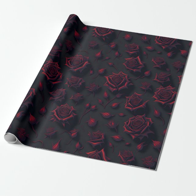 Cadeau Papier rose à Motif à fleurs rouges profondes (Déroulé)