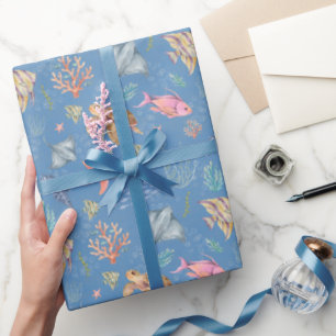Cadeau Papier Texturé Vie Océanique Aquarelle Bleu Moyen