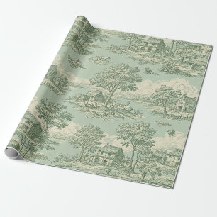 Cadeau Papier Toile de Jouy Vert Sauge Scène Champêtre de