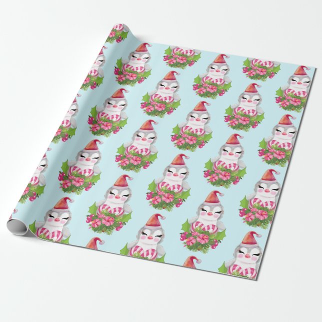 Cadeau Pingouin de Noël mignon dans papier d'enveloppemen (Déroulé)