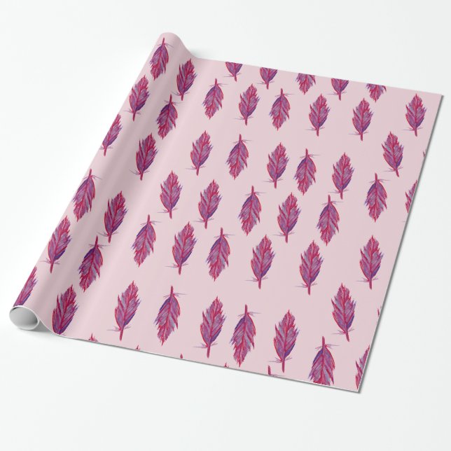 Cadeau Plumes Aquarelle Papier d'enveloppement rouge rose (Déroulé)