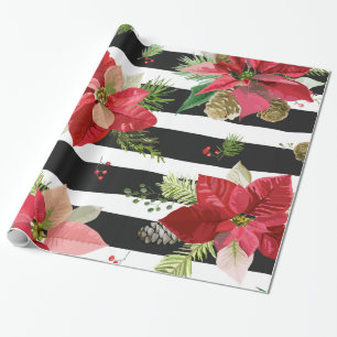 Cadeau Poinsettias, papier d'emballage rayé noir