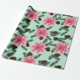 Cadeau Poinsettias roses et papier d'enveloppement de pin