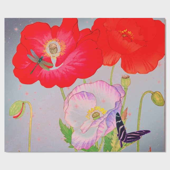 Cadeau POPIES ROUGES Papier d'enveloppement de COLLAGE JA (Plat)
