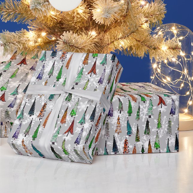 Cadeau Sapins de Noël et papier d'emballage flocons de ne (Vacances)