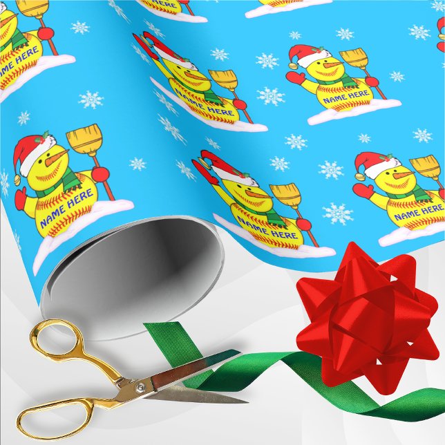 Cadeau Softball Snowman Softball Wrapper Papier avec NOM (Softball christmas wrapping paper. Wow your softball players with Personalized Softball Gift Wrap.)