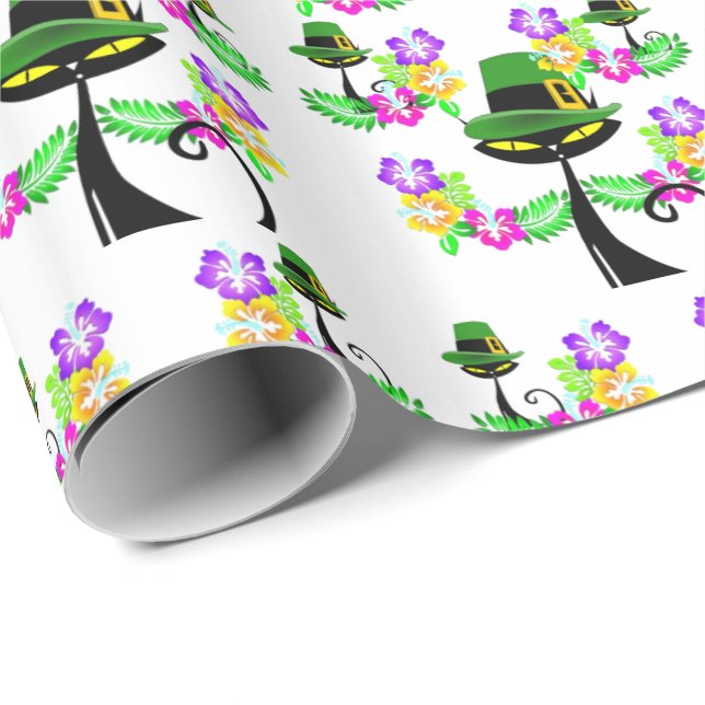 Cadeau St. Patrick's Day Wrapping Papier Chat Floral (Coin rond)