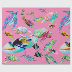 Cadeau Tortues de mer roses et papier à envelopper