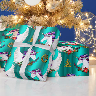 Cadeau Unicorne ailée Turquoise papier d'enveloppement de
