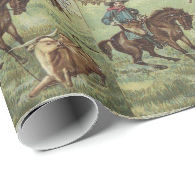 Cadeau Western Gift Wrapping Papier Cowboy Roping A Steer (Coin rond)