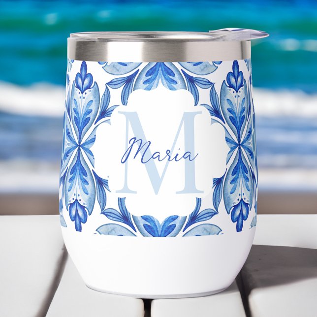 Cadeaux de demaid Italien Bleu carreaux monogramme (Bridesmaid gifts Italian Blue and white Majolica tiles personalized monogram Thermal Wine Tumbler)