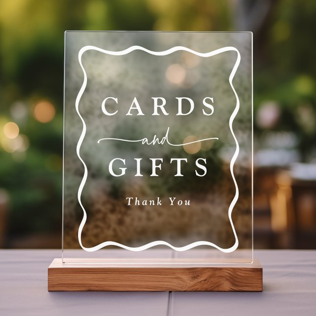 Cadeaux et cartes de mariage blanc moderne (Please note: The wooden stand does not come with the sign. Zazzle sells a similar wood block.)