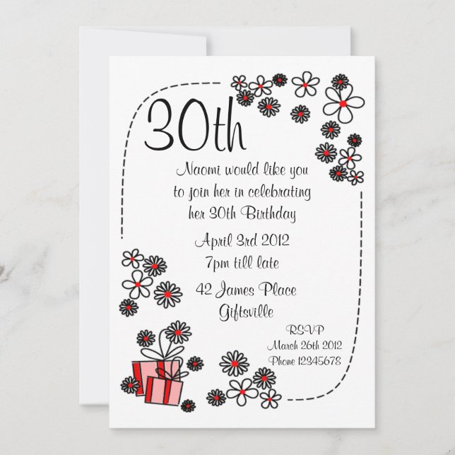 Cadeaux et fleurs 30e anniversaire Invitation (Devant)
