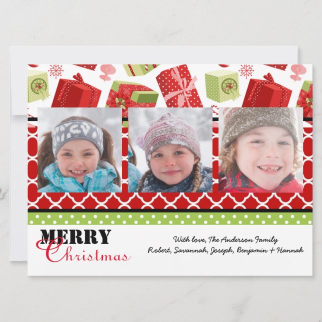 Cadeaux rouges et verts 3 photos - Carte de Noël 6 (Devant)
