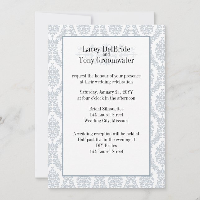 Cadet Gray Damask Theme Wedding Custom Einladung (Vorderseite)