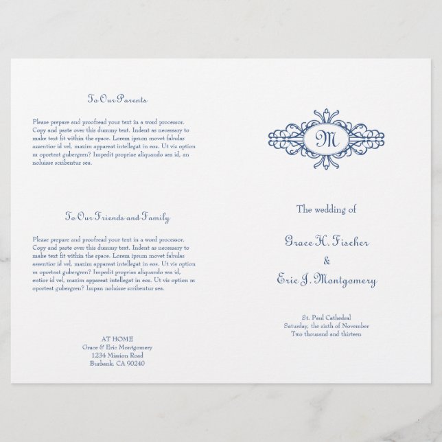 Cadre baroque monogramme marine bleu programme de  (Devant)
