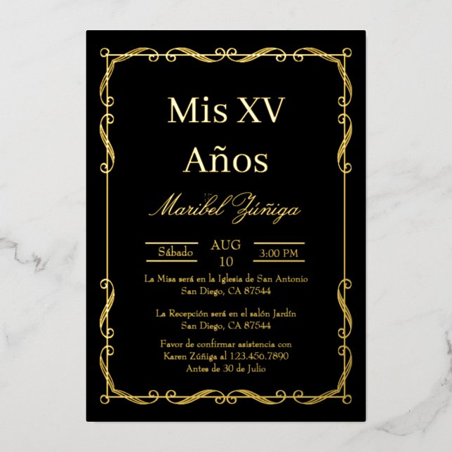 Cadre Black Gold Quinceanera invitation (Recto)