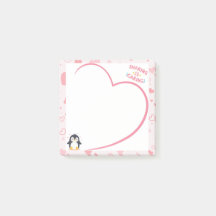 Cadre de cœur et post-it rose au manchot kawaii