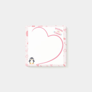 Cadre de cœur et post-it rose au manchot kawaii