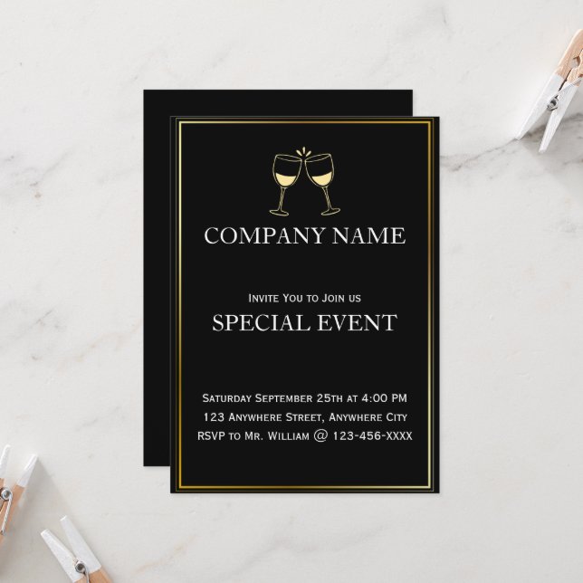 Cadre doré Cheer Black Corporate Invitation Card (Devant/Arrière en situation)