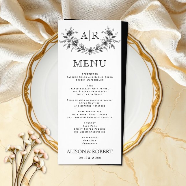 Cadre floral noir avec carte menu mariage monogram (Créateur téléchargé)