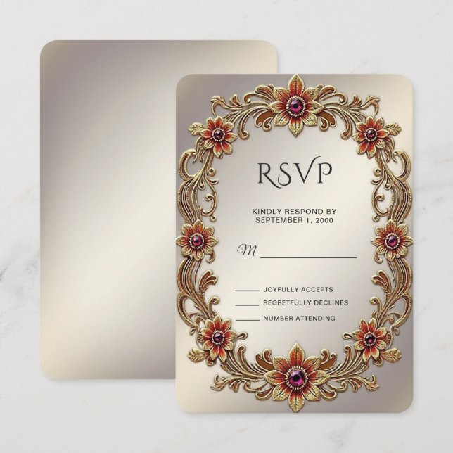 Cadre Floral Or avec carte RSVP en Pierre Rouge (Devant / Derrière)