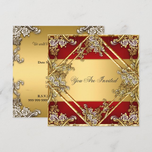 Cadre floral rouge or Invitation de fête rouge or (Devant / Derrière)