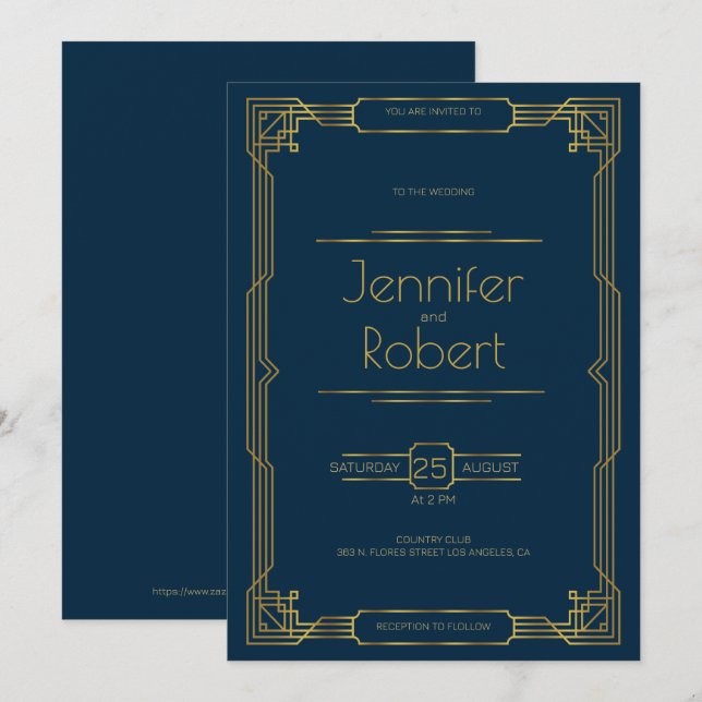 Cadre mariage Gold Art Déco sur Invitation bleu (Devant / Derrière)