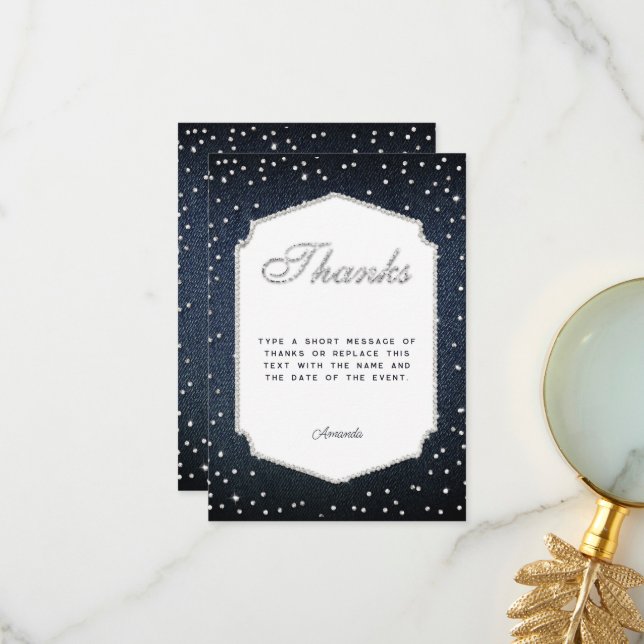 Cadre Merci Paillettes Strass Diamants Denim (Devant/Arrière en situation)