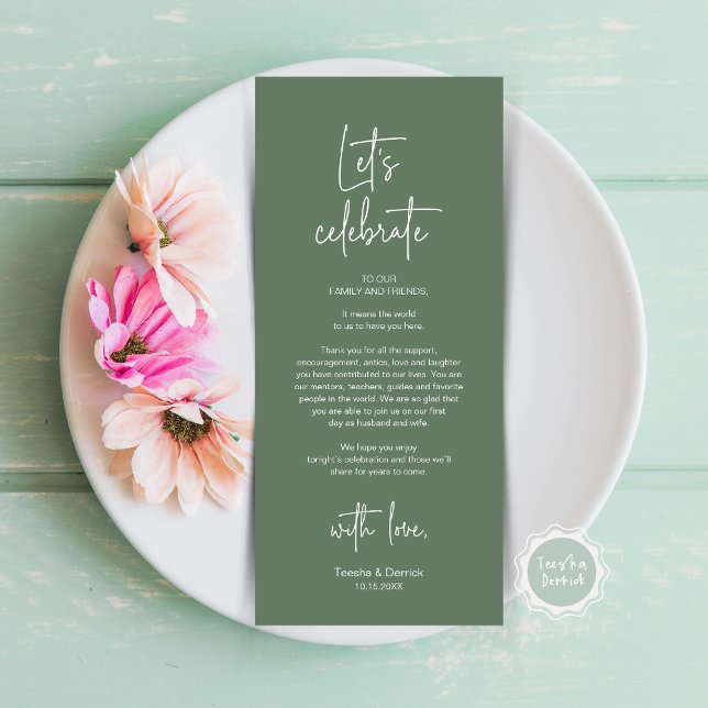 Cadre moderne Cadre Dîner Carte de remerciements (Let's Celebrate, Wedding Dinner Place Setting Thank You Card, Modern Plate Decor, Forest Sage Green)