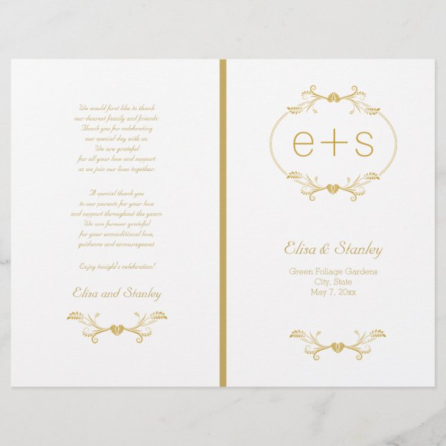 Cadre or et initiales programme de mariage plié (Devant)